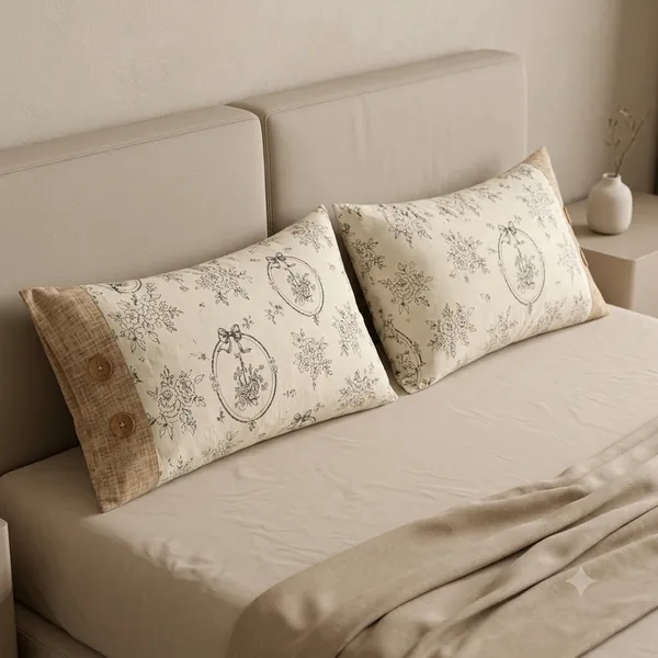 Cotton_|__King_Size_|_Flat_Bedsheet_|_Beige_Print_Design_|_With_2_Contrast_Button_Pillow_Covers|_-_Bellanza