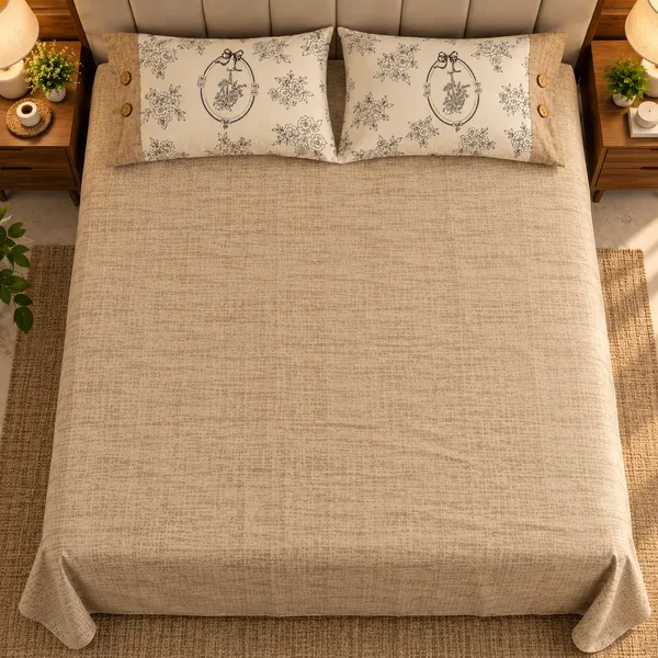 Cotton_|__King_Size_|_Flat_Bedsheet_|_Beige_Print_Design_|_With_2_Contrast_Button_Pillow_Covers|_-_Bellanza
