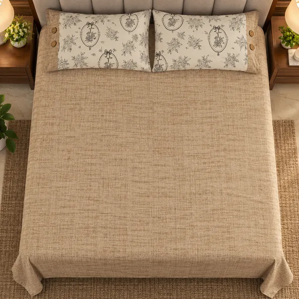 Cotton_|__King_Size_|_Flat_Bedsheet_|_Beige_Print_Design_|_With_2_Contrast_Button_Pillow_Covers|_-_Bellanza