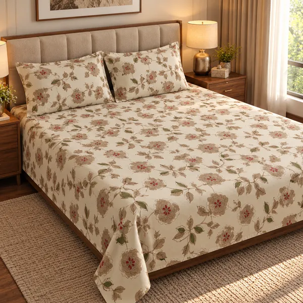 Cotton_|__King_Size_|_Flat_Bedsheet_|_Beige_Print_Design_|_With_2_Pillow_Covers|_-_Pistelle