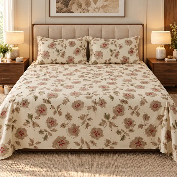 Cotton_|__King_Size_|_Flat_Bedsheet_|_Beige_Print_Design_|_With_2_Pillow_Covers|_-_Pistelle