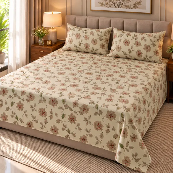 Cotton_|__King_Size_|_Flat_Bedsheet_|_Beige_Print_Design_|_With_2_Pillow_Covers|_-_Pistelle