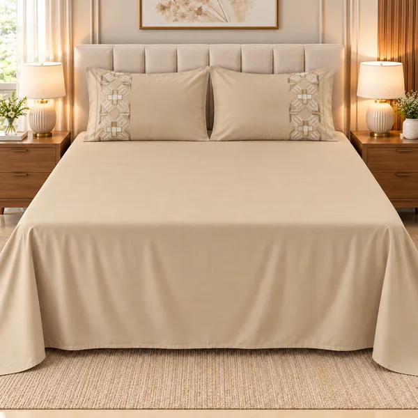 Cotton_|__King_Size_|_Flat_Bedsheet_|_Beige_Solid_|_With_2_Embroidery_Pillow_Covers|_-_Sui_Dhaga