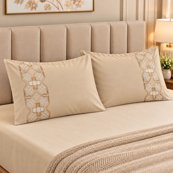 Cotton_|__King_Size_|_Flat_Bedsheet_|_Beige_Solid_|_With_2_Embroidery_Pillow_Covers|_-_Sui_Dhaga
