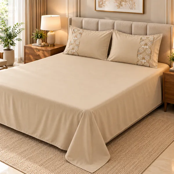 Cotton_|__King_Size_|_Flat_Bedsheet_|_Beige_Solid_|_With_2_Embroidery_Pillow_Covers|_-_Sui_Dhaga