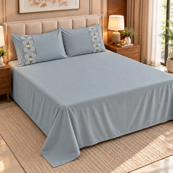 Cotton_|__King_Size_|_Flat_Bedsheet_|_Blue_Solid_|_With_2_Embroidery_Pillow_Covers|_-_Sui_Dhaga