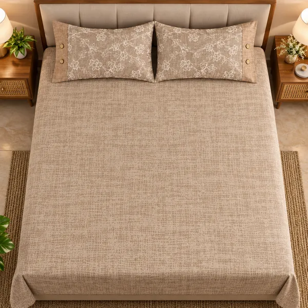 Cotton_|__King_Size_|_Flat_Bedsheet_|_Brown_Color_Print_|_With_2_Contrast_Button_Pillow_Covers|_-_Bellanza_a