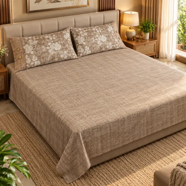 Cotton_|__King_Size_|_Flat_Bedsheet_|_Brown_Color_|_With_2_Contrast_Button_Pillow_Covers|_-_Bellanza