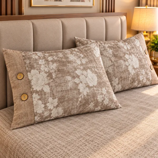 Cotton_|__King_Size_|_Flat_Bedsheet_|_Brown_Color_|_With_2_Contrast_Button_Pillow_Covers|_-_Bellanza