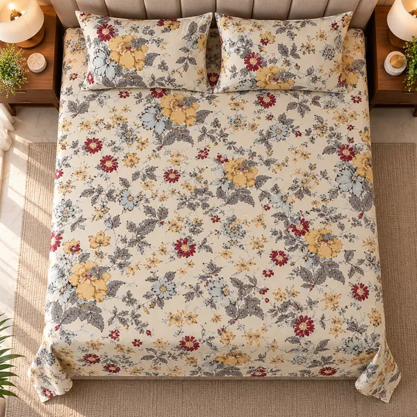 Cotton_|__King_Size_|_Flat_Bedsheet_|_Cream_With_Multi_Print_Design_|_With_2_Pillow_Covers|_-_Pistelle