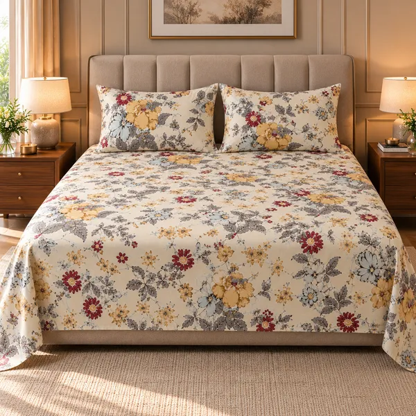Cotton_|__King_Size_|_Flat_Bedsheet_|_Cream_With_Multi_Print_Design_|_With_2_Pillow_Covers|_-_Pistelle