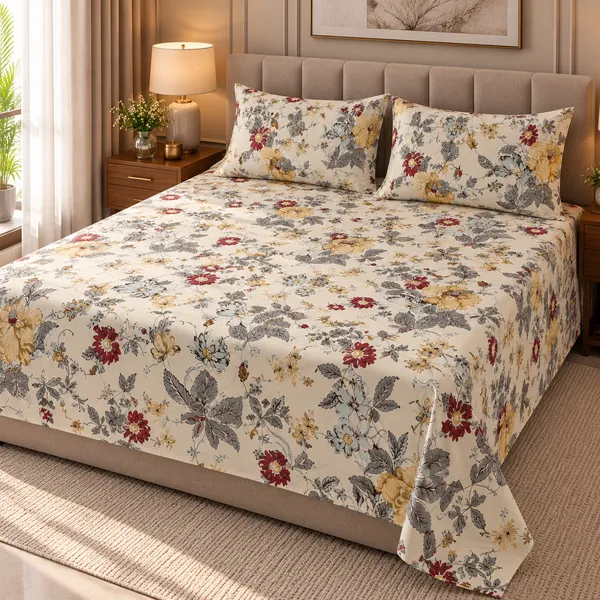 Cotton_|__King_Size_|_Flat_Bedsheet_|_Cream_With_Multi_Print_Design_|_With_2_Pillow_Covers|_-_Pistelle