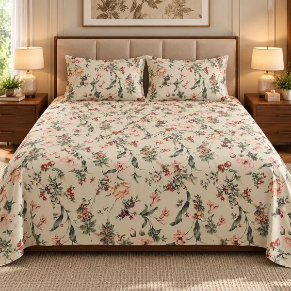 Cotton_|__King_Size_|_Flat_Bedsheet_|_Cream_With_Multi_|_With_2_Pillow_Covers|_-_Pistelle