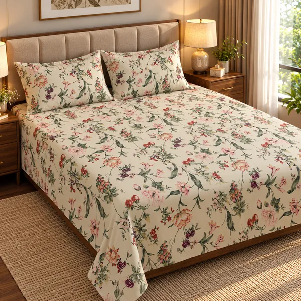 Cotton_|__King_Size_|_Flat_Bedsheet_|_Cream_With_Multi_|_With_2_Pillow_Covers|_-_Pistelle