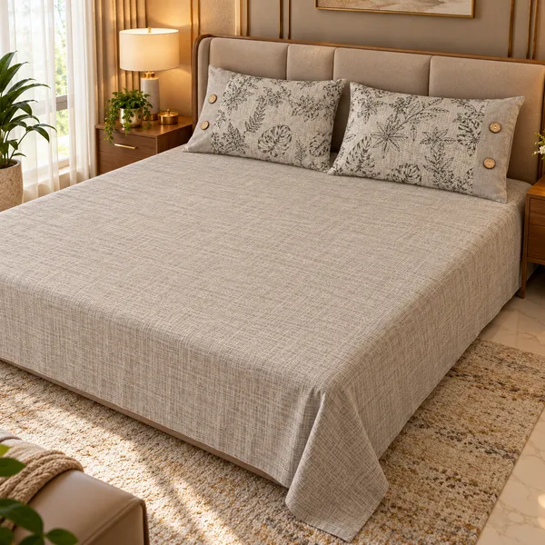 Cotton_|__King_Size_|_Flat_Bedsheet_|_Grey_Color_|_With_2_Contrast_Button_Pillow_Covers|_-_Sui_Dhaga