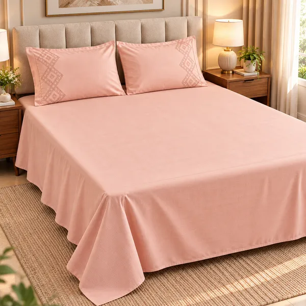 Cotton_|__King_Size_|_Flat_Bedsheet_|_Peach_Color_|_With_2_Embroidery_Pillow_Covers|_-_Sui_Dhaga