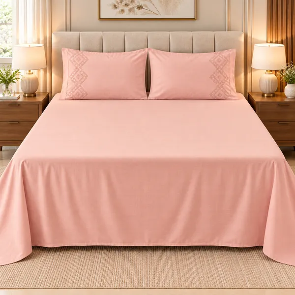 Cotton_|__King_Size_|_Flat_Bedsheet_|_Peach_Color_|_With_2_Embroidery_Pillow_Covers|_-_Sui_Dhaga