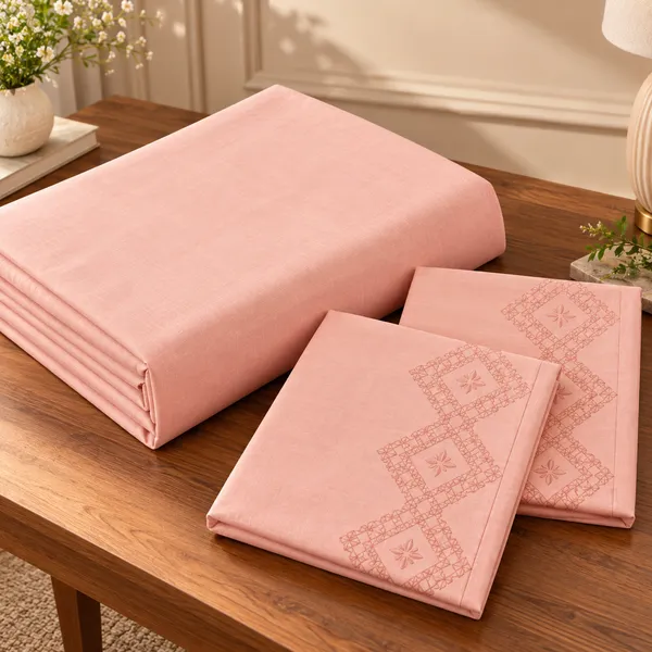 Cotton_|__King_Size_|_Flat_Bedsheet_|_Peach_Color_|_With_2_Embroidery_Pillow_Covers|_-_Sui_Dhaga