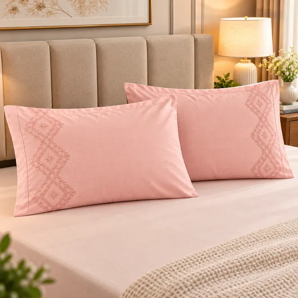 Cotton_|__King_Size_|_Flat_Bedsheet_|_Peach_Color_|_With_2_Embroidery_Pillow_Covers|_-_Sui_Dhaga