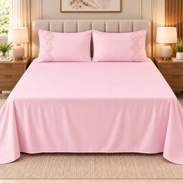 Cotton_|__King_Size_|_Flat_Bedsheet_|_Pink_Solid_Print_|_With_2_Embroidery_Pillow_Covers|_-_Sui_Dhaga