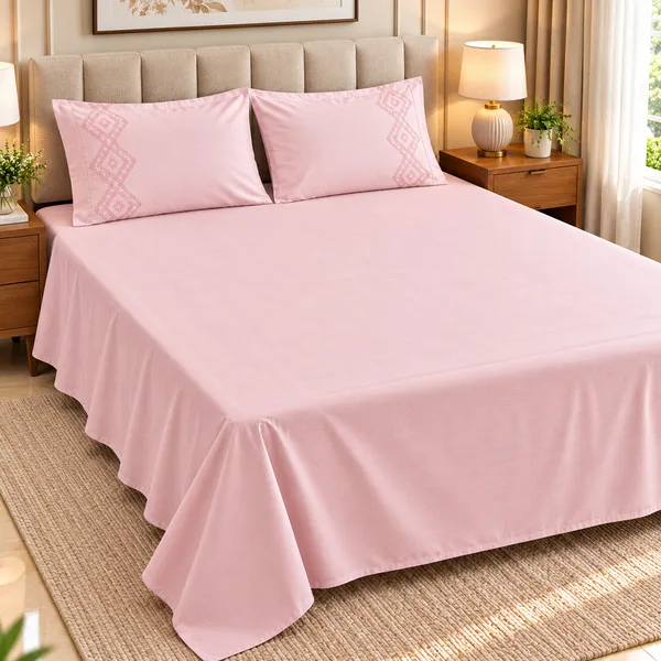 Cotton_|__King_Size_|_Flat_Bedsheet_|_Pink_Solid_Print_|_With_2_Embroidery_Pillow_Covers|_-_Sui_Dhaga