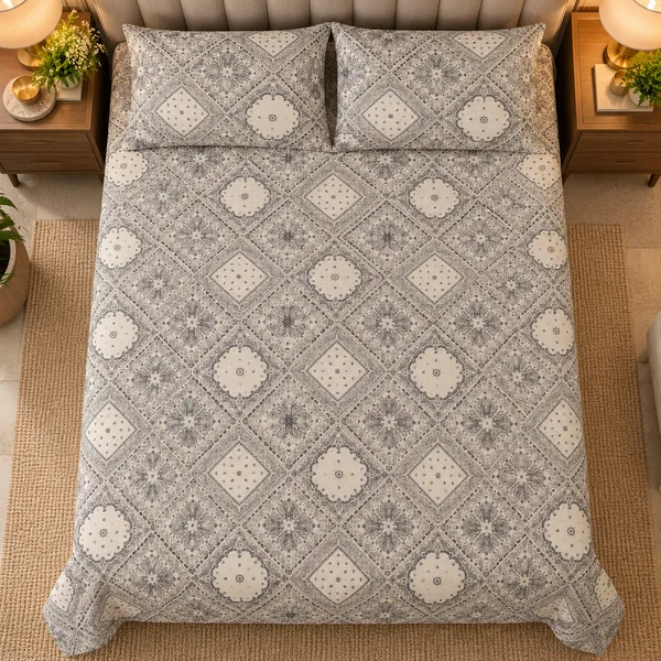 Cotton_|__King_Size_|_Flat_Bedsheet_|_White_With_Grey_Print_Design_|_With_2_Pillow_Covers|_-_Pistelle