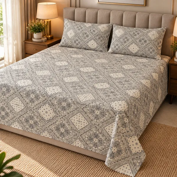 Cotton_|__King_Size_|_Flat_Bedsheet_|_White_With_Grey_Print_Design_|_With_2_Pillow_Covers|_-_Pistelle