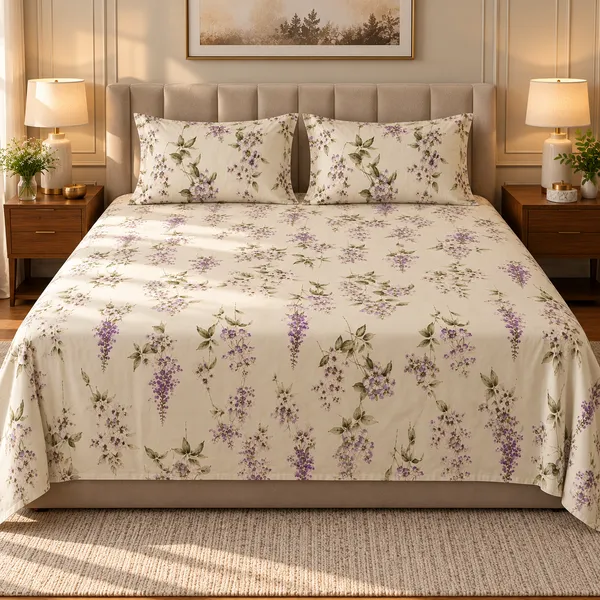 Cotton_|__King_Size_|_Flat_Bedsheet_|_White_With_Purple_Print_Design_|_With_2_Pillow_Covers|_-_Pistelle