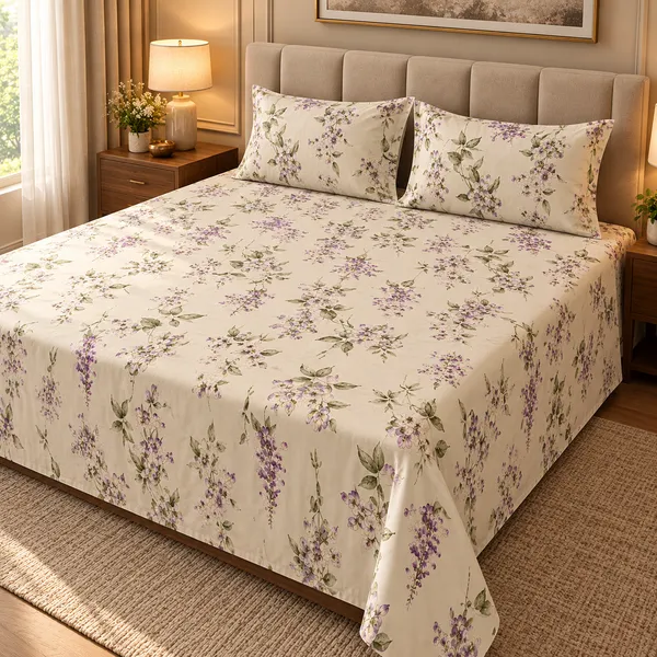 Cotton_|__King_Size_|_Flat_Bedsheet_|_White_With_Purple_Print_Design_|_With_2_Pillow_Covers|_-_Pistelle