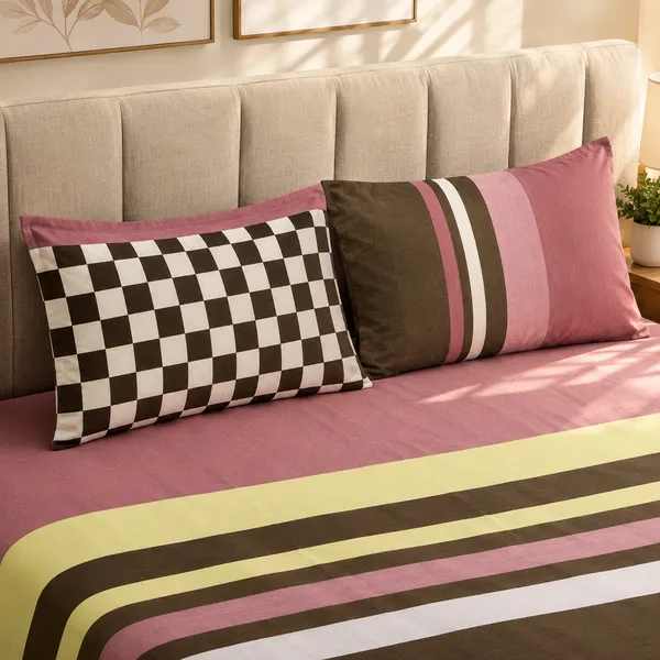 Cotton_|__Super_King_Size_|_Flat_Bedsheet_|_Wine_With_Brown_Design_|_2_Pillow_Covers|_-_Marina