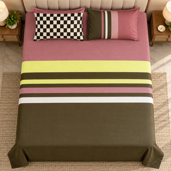 Cotton_|__Super_King_Size_|_Flat_Bedsheet_|_Wine_With_Brown_Design_|_2_Pillow_Covers|_-_Marina