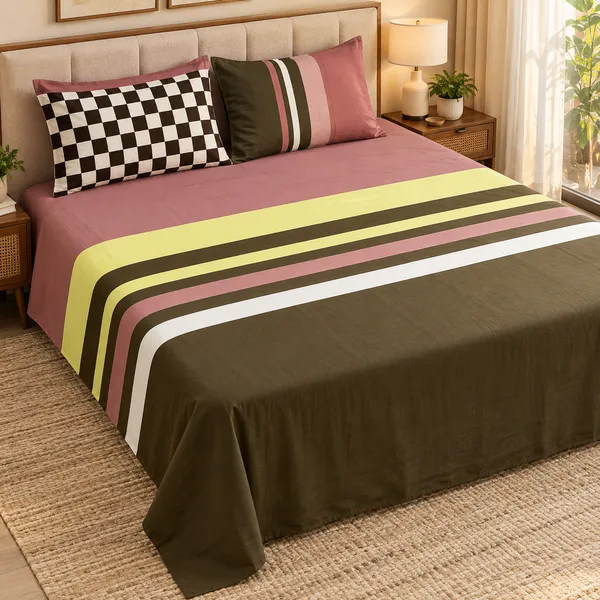 Cotton_|__Super_King_Size_|_Flat_Bedsheet_|_Wine_With_Brown_Design_|_2_Pillow_Covers|_-_Marina