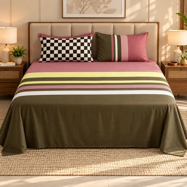 Cotton_|__Super_King_Size_|_Flat_Bedsheet_|_Wine_With_Brown_Design_|_2_Pillow_Covers|_-_Marina
