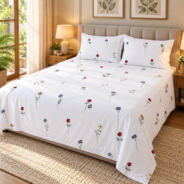 Cotton_|_Super_King_Size_|_Flat_Bedsheet_|_White_With_Blue_|_2_Pillow_Covers|_-_Satrang