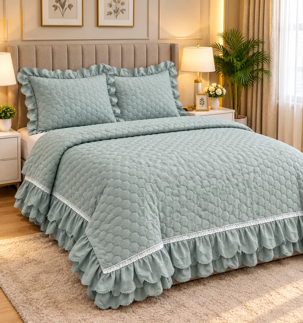 Cotton_Quilted_|_Double_Bed_Size_Bedcover_|_Green_Quilted_Frill_Bedcover_With_2_Quilted_Pillow_Covers_|_-_Ethnic_Frill_Bedcover
