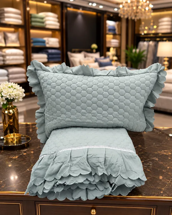 Cotton_Quilted_|_Double_Bed_Size_Bedcover_|_Green_Quilted_Frill_Bedcover_With_2_Quilted_Pillow_Covers_|_-_Ethnic_Frill_Bedcover