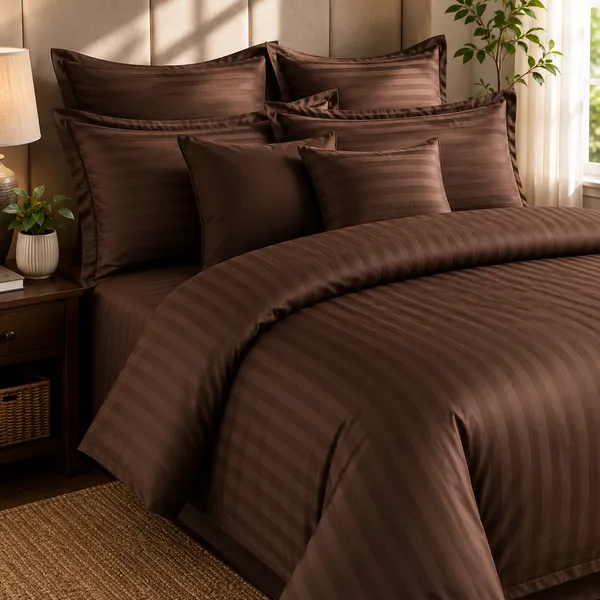 Cotton_Feel_|_King_Size_|_Flat_Bedsheet_|_Dark_Brown_Solid_Self_Stripes_With_2_Pillow_Covers|_-_Everyday_Elegance