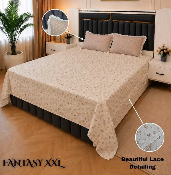 Cotton_|_King_Size_|_Flat_Bedsheet_|_Multi_Color_With_Lace_on_2_Contrast_Pillow_Covers|_-_Fantasy