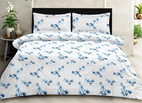 Cotton_|_Super_King_Size|_Flat_Bedsheet_|White_With_Blue_Flowers|_2_Pillow_Covers|_-_Sootra