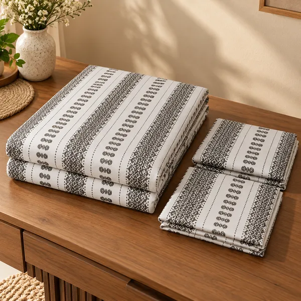 Cotton_|__Super_King_Size_|_Flat_Bedsheet_|_White_With_Green_Design_|_2_Pillow_Covers|_-_Yarn_Weave