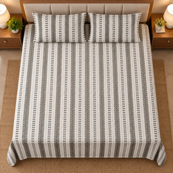 Cotton_|__Super_King_Size_|_Flat_Bedsheet_|_White_With_Green_Design_|_2_Pillow_Covers|_-_Yarn_Weave