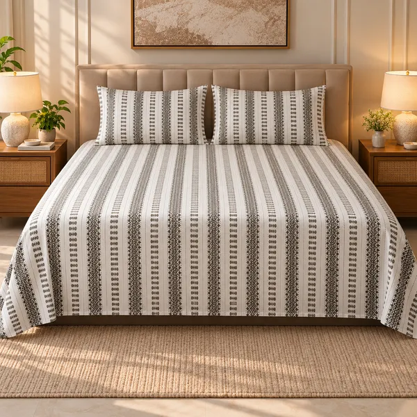 Cotton_|__Super_King_Size_|_Flat_Bedsheet_|_White_With_Green_Design_|_2_Pillow_Covers|_-_Yarn_Weave