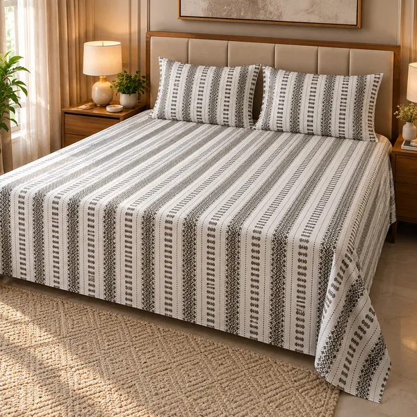 Cotton_|__Super_King_Size_|_Flat_Bedsheet_|_White_With_Green_Design_|_2_Pillow_Covers|_-_Yarn_Weave
