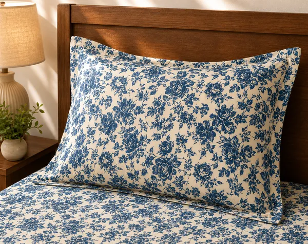 Cotton_|_King_Size_|_Fitted_Bedsheet_|_Cream_With_Blue_With_2_Pillow_Covers|_-Gems_Aura