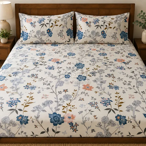 Cotton_|_King_Size_|_Fitted_Bedsheet_|_White_With_Multi_With_2_Pillow_Covers|_-Gems_Aura