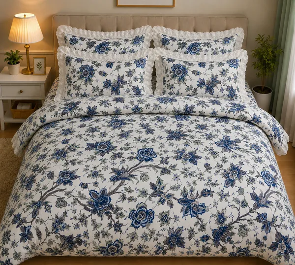 Cotton_|_Super_King_Size_|_Flat_Bedsheet_|_White_With_Blue_Flower_Design_With_Lace_on_2_Pillow_Covers|_-_Gulista_Noor