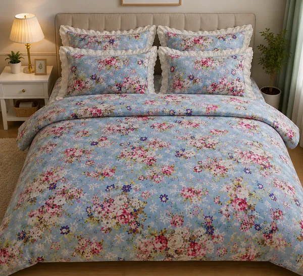 Cotton_|_Super_King_Size_|_Flat_Bedsheet_|_Blue_Flower_Design_With_Lace_on_2_Pillow_Covers|_-_Gulista_Noor