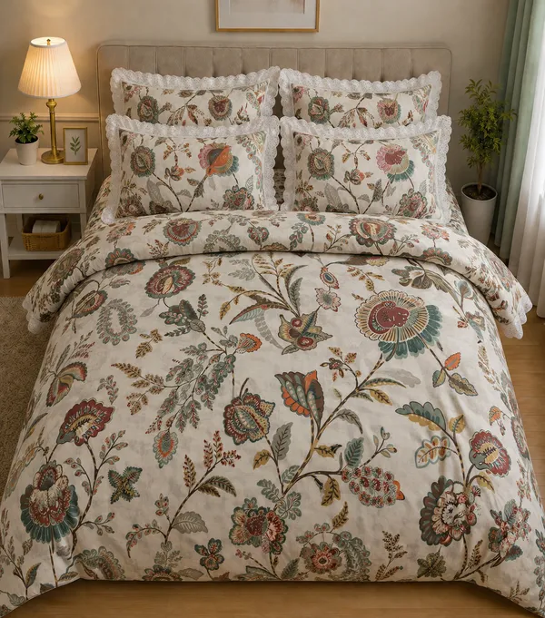 Cotton_|_Super_King_Size_|_Flat_Bedsheet_|_Cream_With_Multi_Flower_Design_With_Lace_on_2_Pillow_Covers|_-_Gulista_Noor