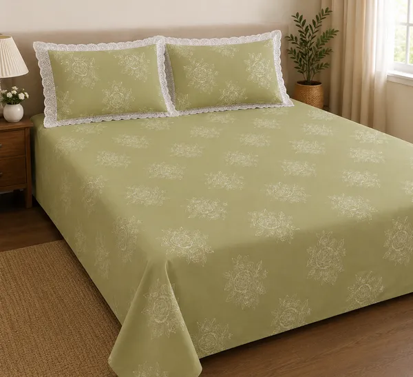 Cotton_|_Queen_Size_|_Flat_Bedsheet_|_Green_With_Lace_on_2_Pillow_Covers|_-_Gulista_Noor