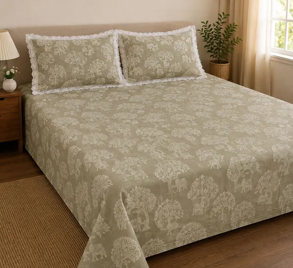 Cotton_|_Super_King_Size_|_Flat_Bedsheet_|Green_With_Lace_on_2_Pillow_Covers|_-_Gulista_Noor